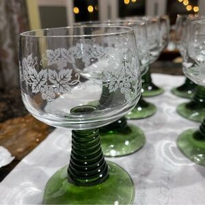 Luminarc-France Crystal D’Arques green beehive Roemer glasses, etched